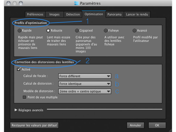 Onglet optimisation d'Autopano Giga 2.6
