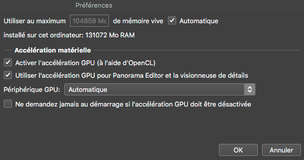 Préférences avancées de PTGUI : RAM et GPU