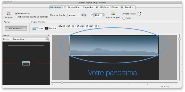 Fenêtre d'aperçu du panorama dans le logiciel Hugin