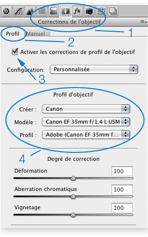 Onglet Lens COrrection de Camera Raw de CS5