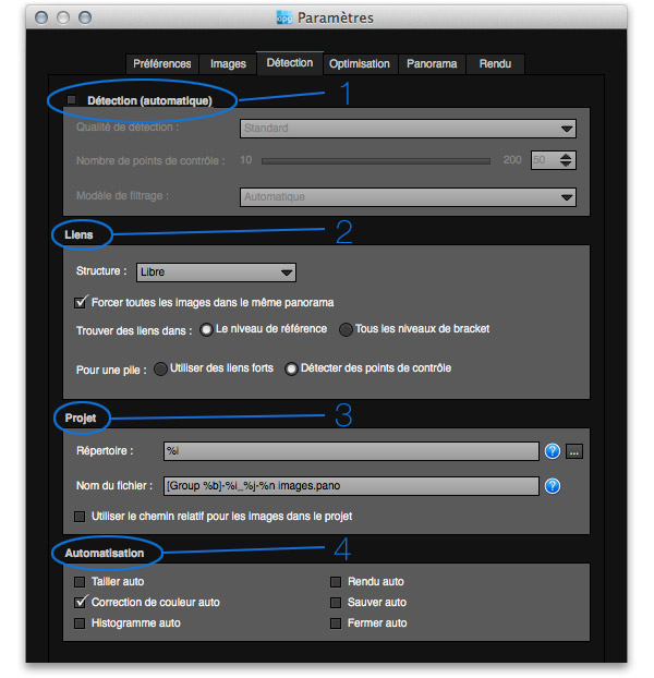 Onglet détection d'Autopano giga