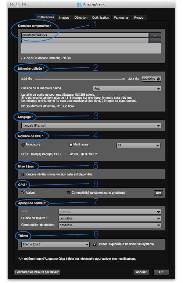 Préférences du logiciel Autopano Giga/Pro