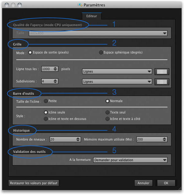 Péférences de l'éditeur de Panorama