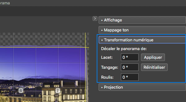 Menu Transformation numérique de l'éditeur de panorama de PTGUI