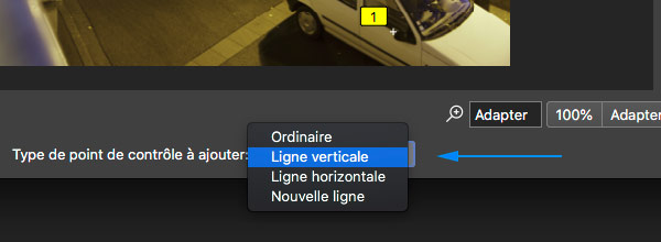 Le menu type de Points de contrôle de PTGui