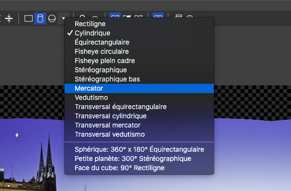 Choix des projections géométriques dans l'éditeur de panorama de PTGUI