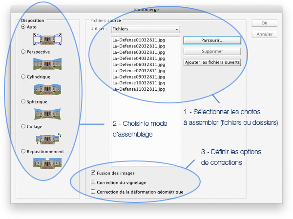 Interface du logiciel Photomerge de Photoshop