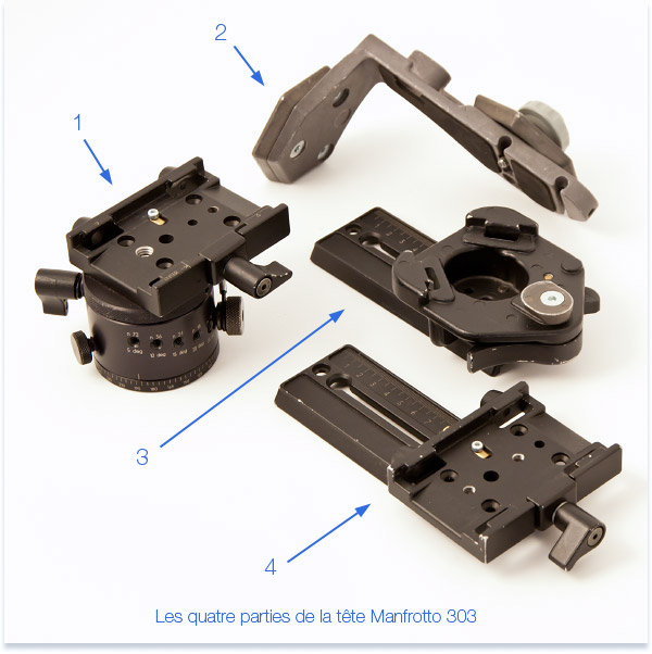 Les 4 parties d'une tête panoramique Manfrotto 303