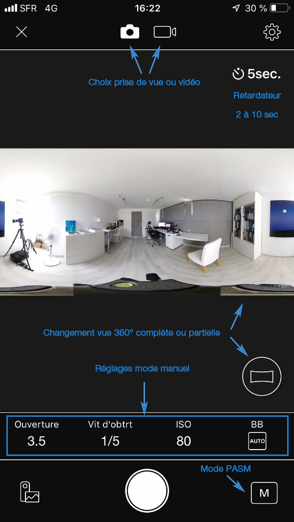 Fenêtre principale de l'app Ricoh Theta Z1 en mode de prise de vue Manuel