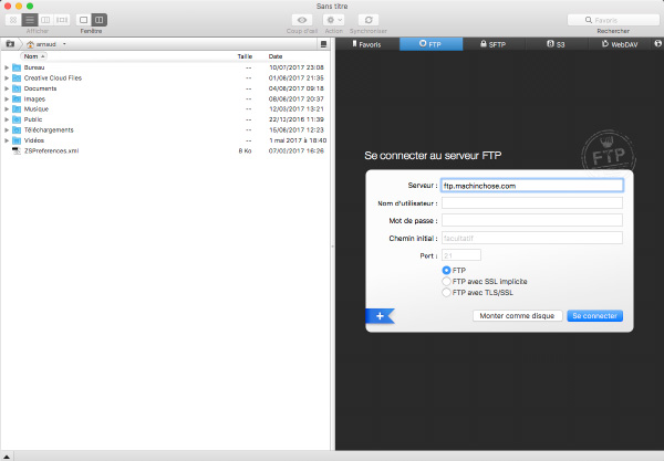 Fen^tre de votre client FTP - Ici Transmit sur Mac OS