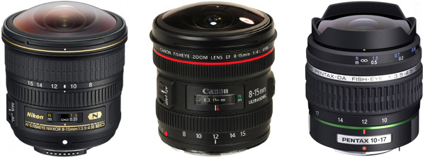 Trois objectifs fisheye Nikkor, Canon et Pentax